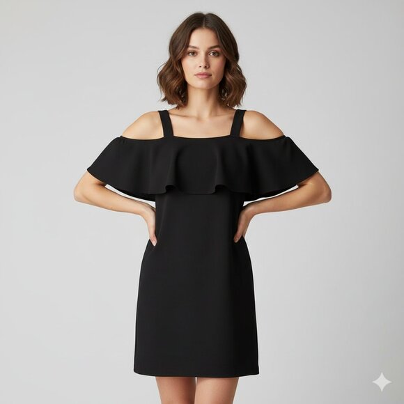 Aritzia Wilfred Ellipse Mini Dress Flounce Off The Shoulders Satin Crepe Black - Picture 1 of 15